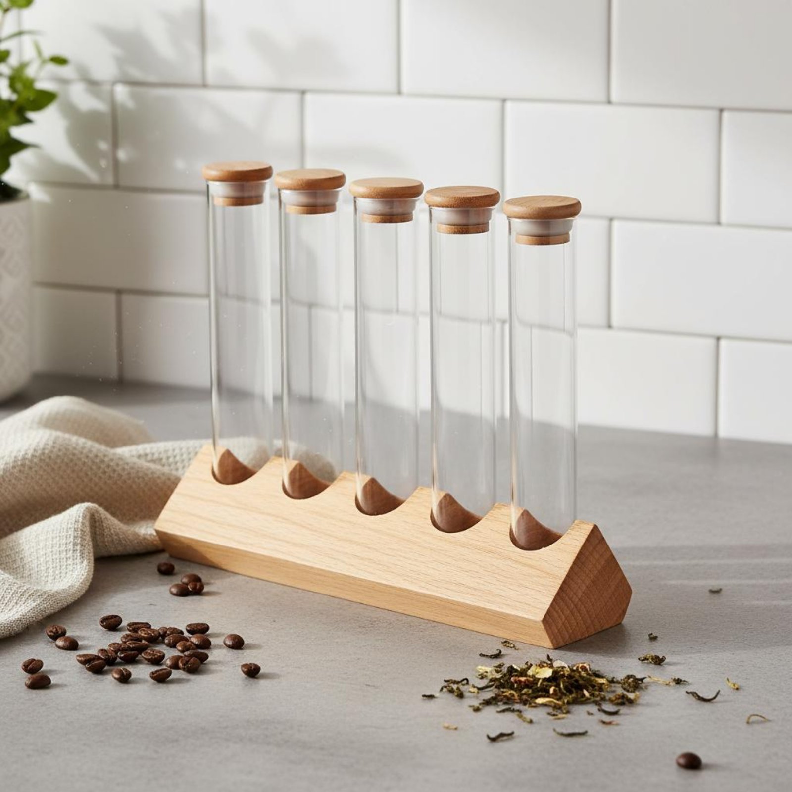 Glass Tube Container Set with  - Display Stand Wood recension och pris